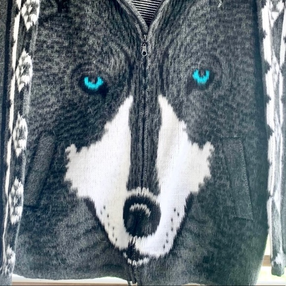 Handmade in Ecuador Wool Wolf Hooded Jacket Zip Coat 46 XL - Picture 5 of 11